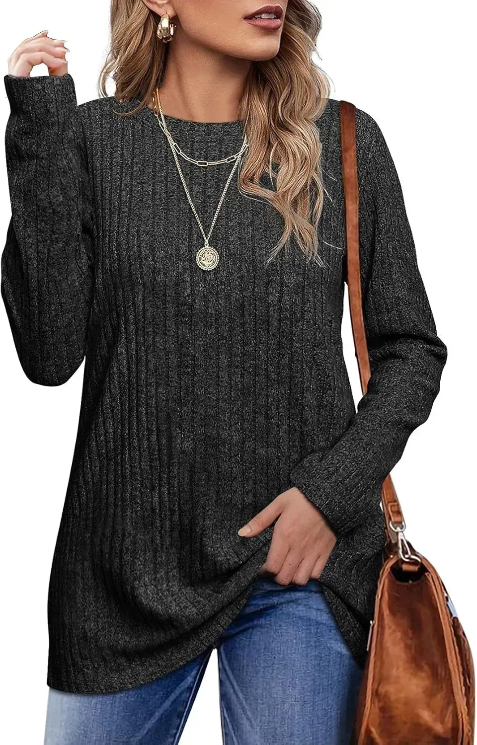 OFEEFAN Long Sleeve Shirts for Women Lightweight Crew Neck Casual Tunic Tops