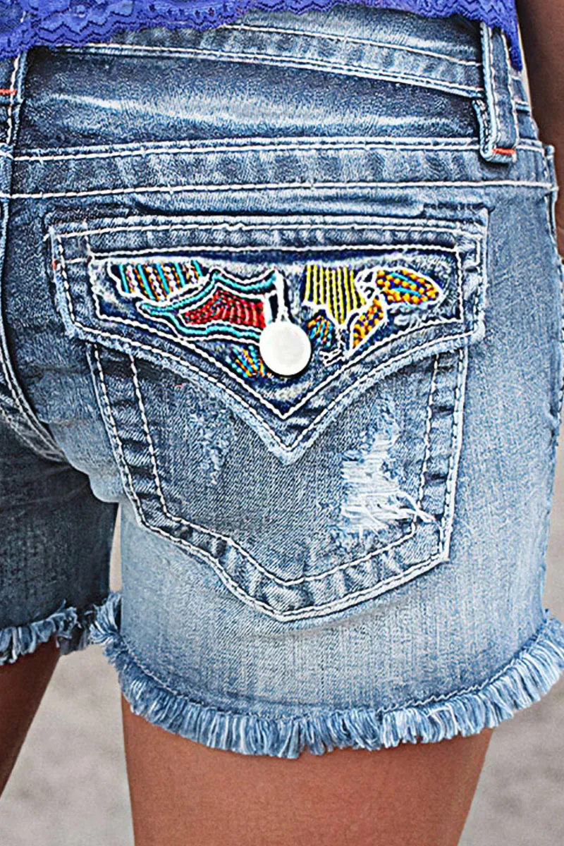 Ripped Embroidery Detail Raw Hem Mid Waist Denim Shorts