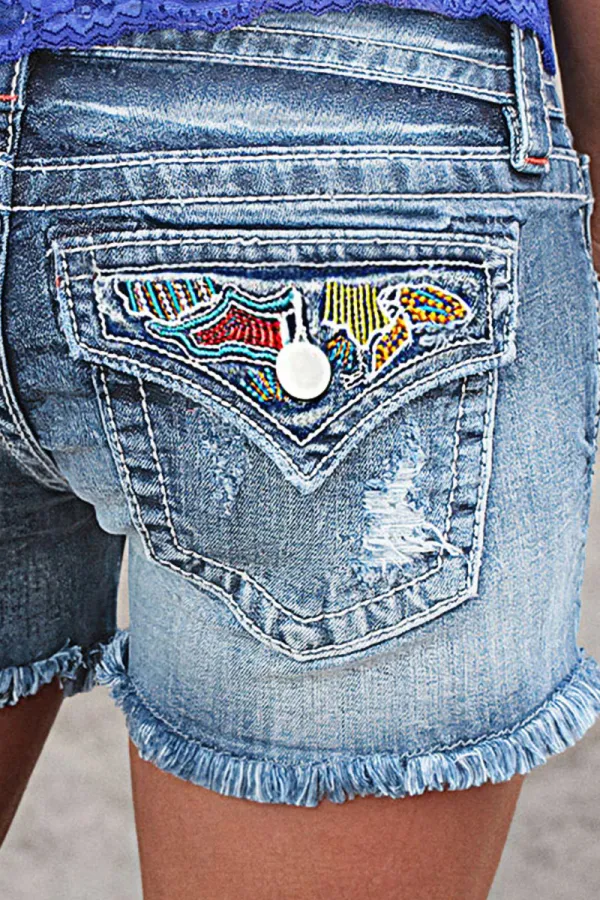 Ripped Embroidery Detail Raw Hem Mid Waist Denim Shorts