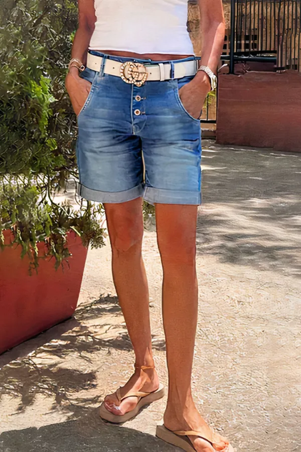 Button Fly Roll Hem Denim Mid Thigh Shorts Without Belt