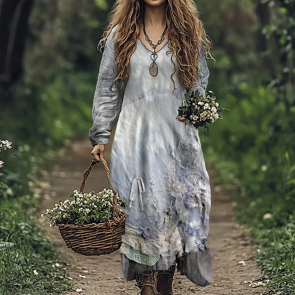 Retro Floral Embroidery Art Linen Blend Maxi Dress