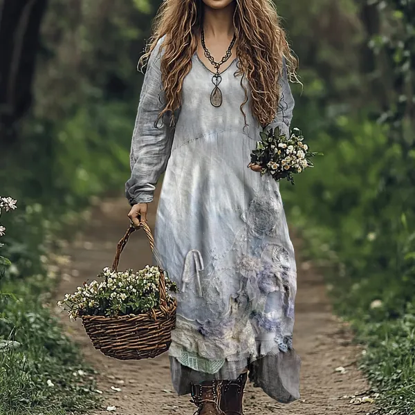 Retro Floral Embroidery Art Linen Blend Maxi Dress