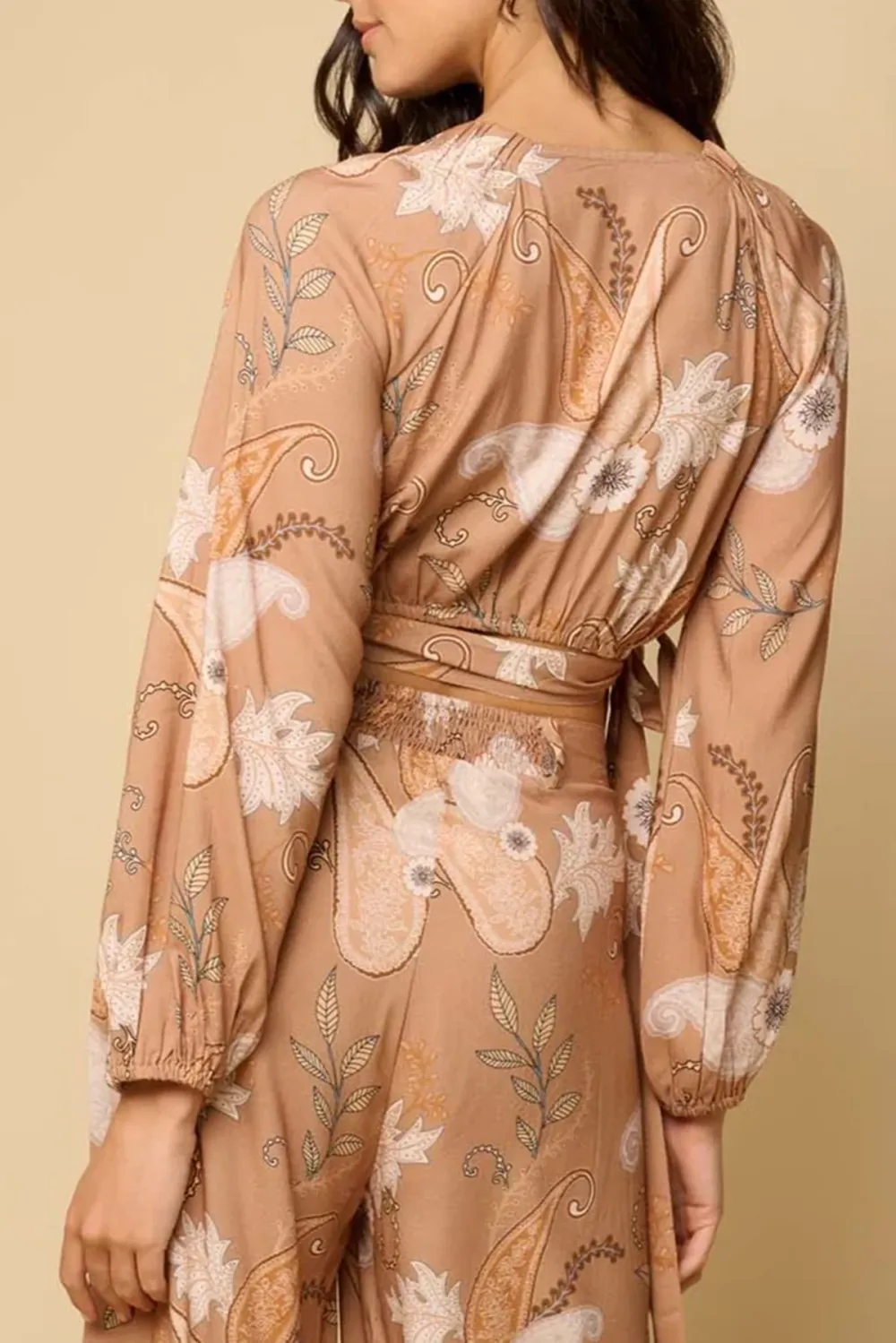 Tan Print Crop Top And Pants Set