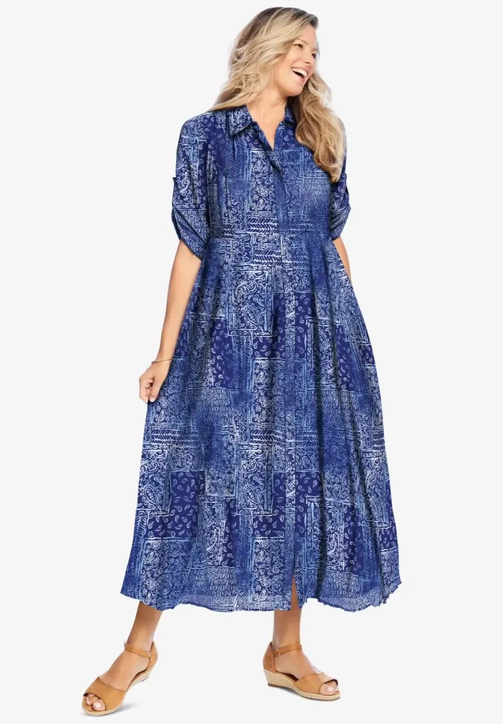 Roll-Tab Sleeve Crinkle Shirtdress