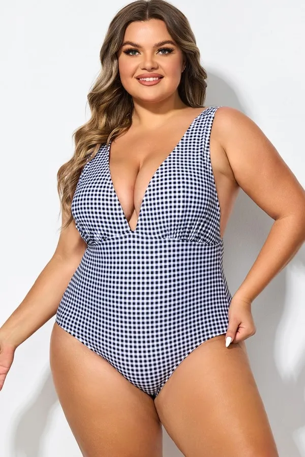 Gingham V-neck Low-cut Leg One Piece Swimsuit