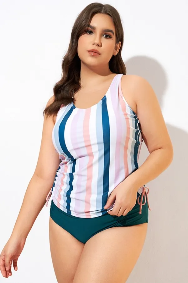 Multi Stripe Built-in Bra Racerback Tankini Top