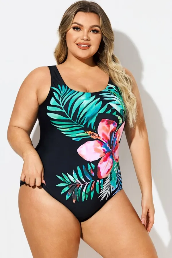 Plus Size Floral Print Sport One Piece Swimsuit