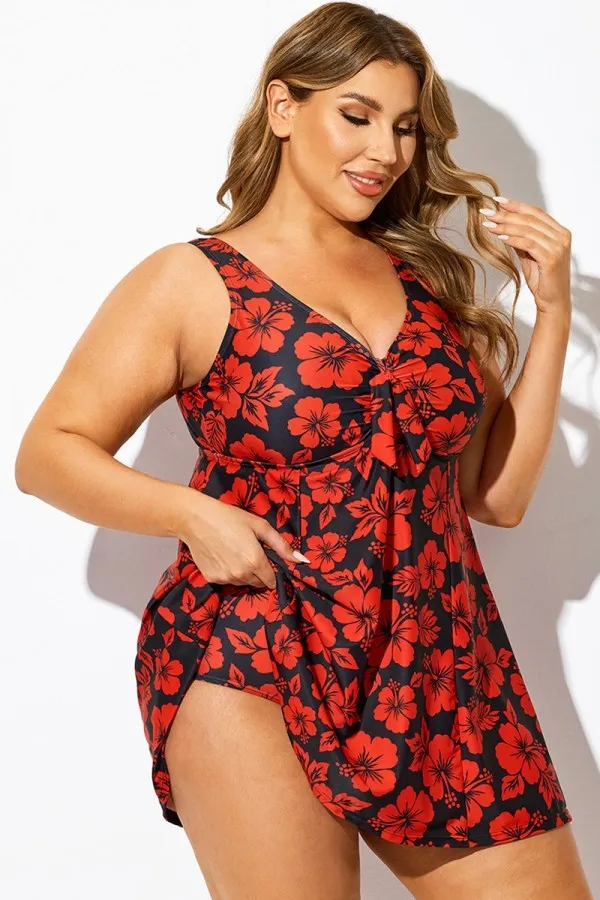 Red Floral Print Tie Front V-Neck Swimdress