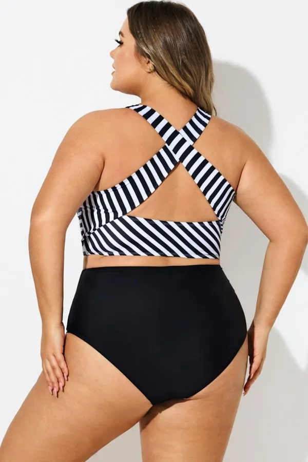 Round Neck Black & White Striped Criss Cross Bikini Top