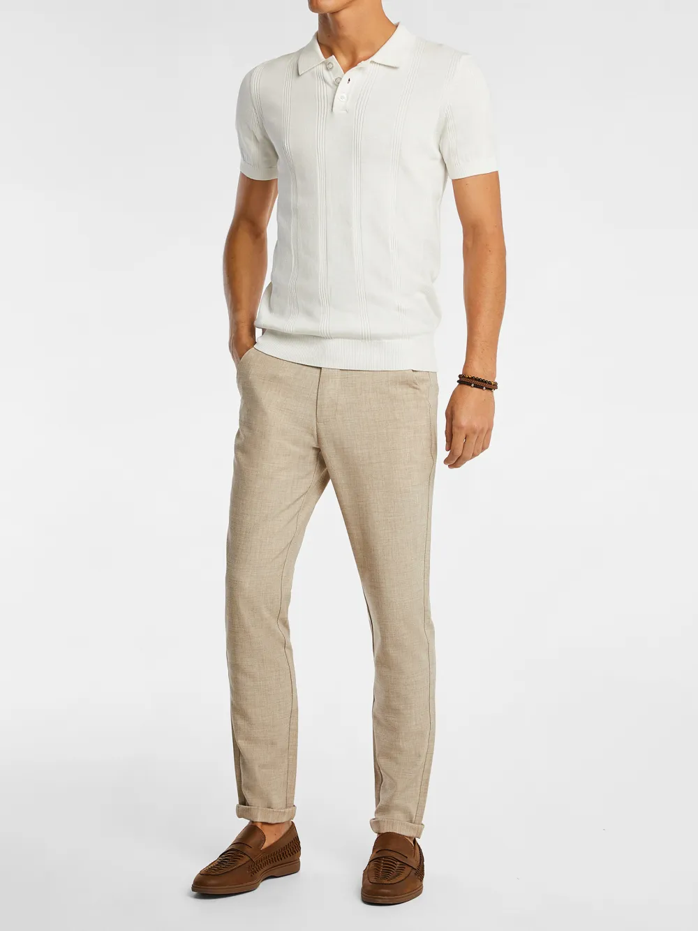 White Short Sleeve Textured Knit Polo Shirt