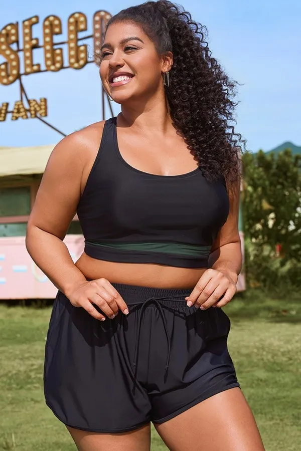 Plus Size Round Neck Green Patchwork Bikini Top
