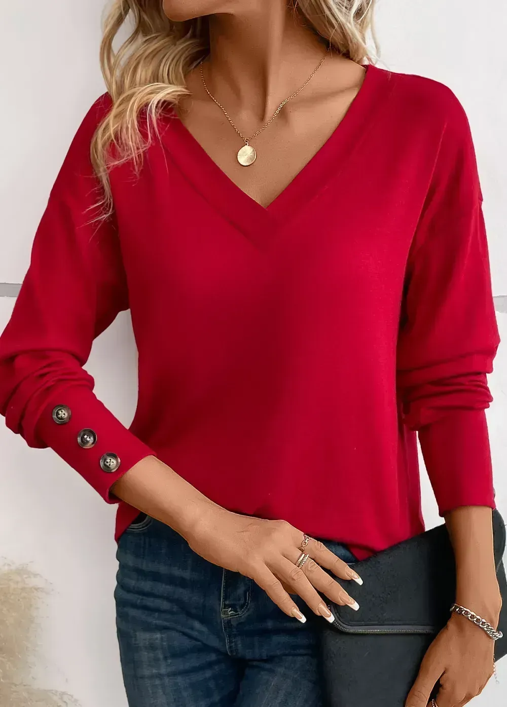 Wine Red Button Long Sleeve V Neck T Shirt