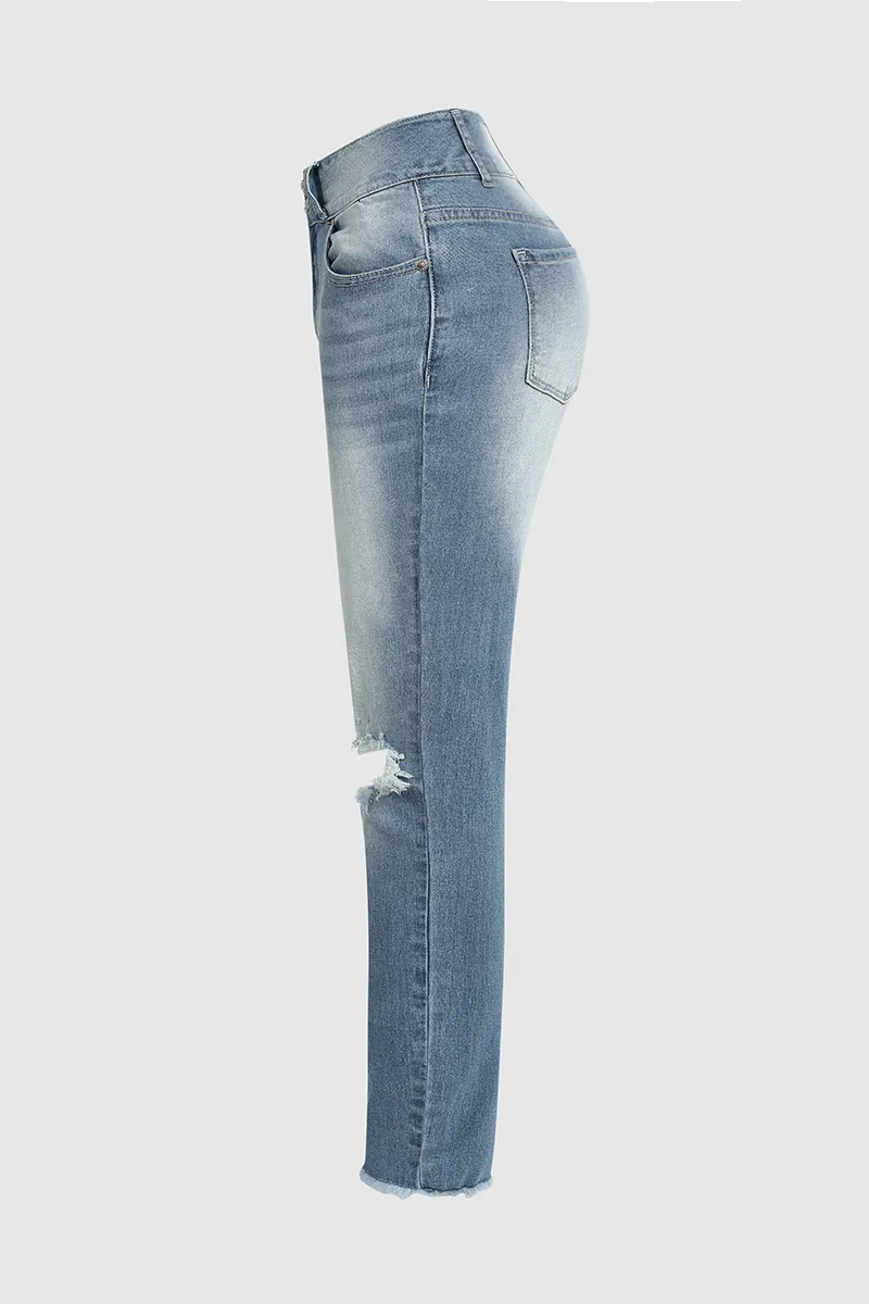 Cut Out Raw Hem Mid Rise Skinny Jeans