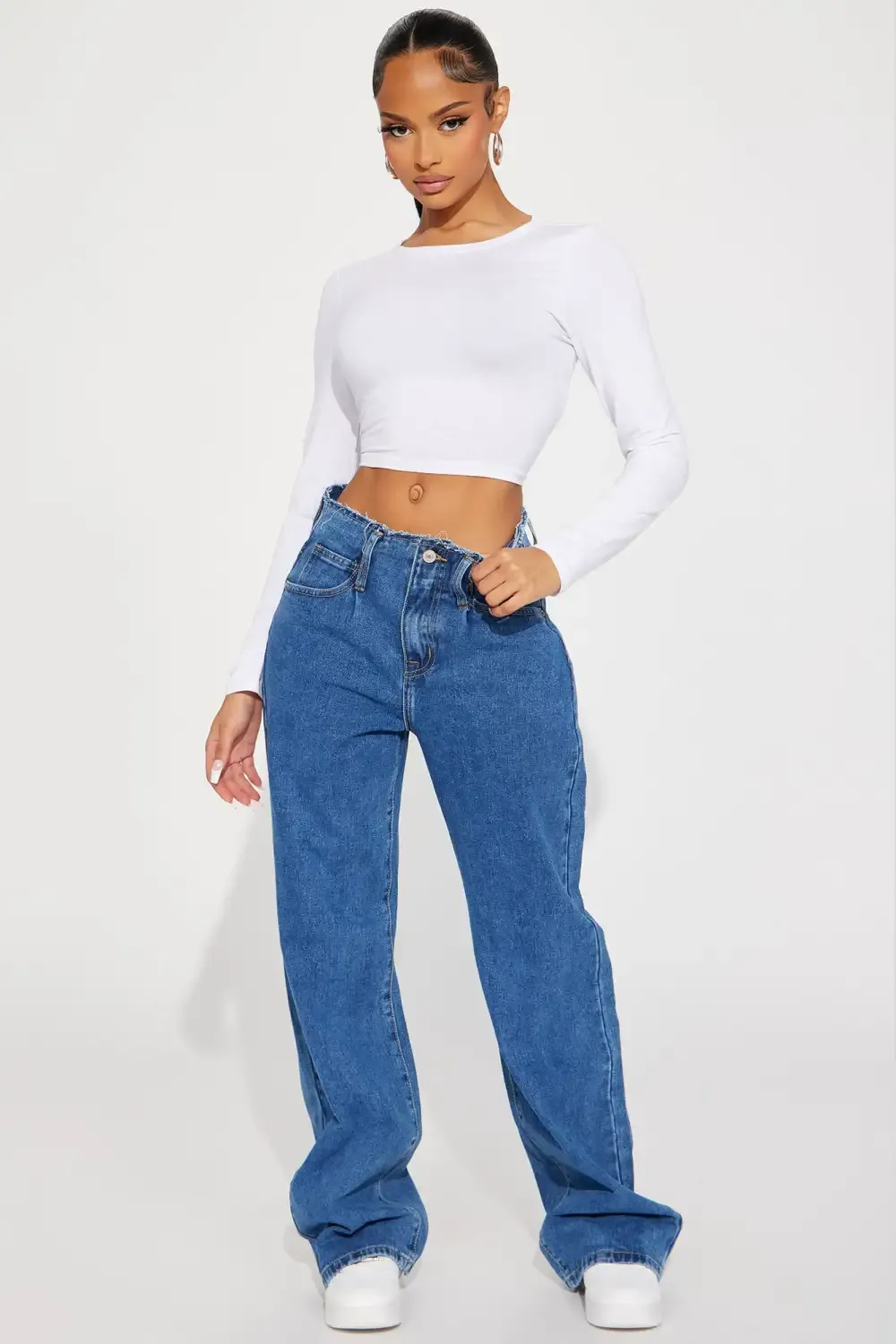 Uphill Cut Off Waistband Baggy Jeans - Medium Wash