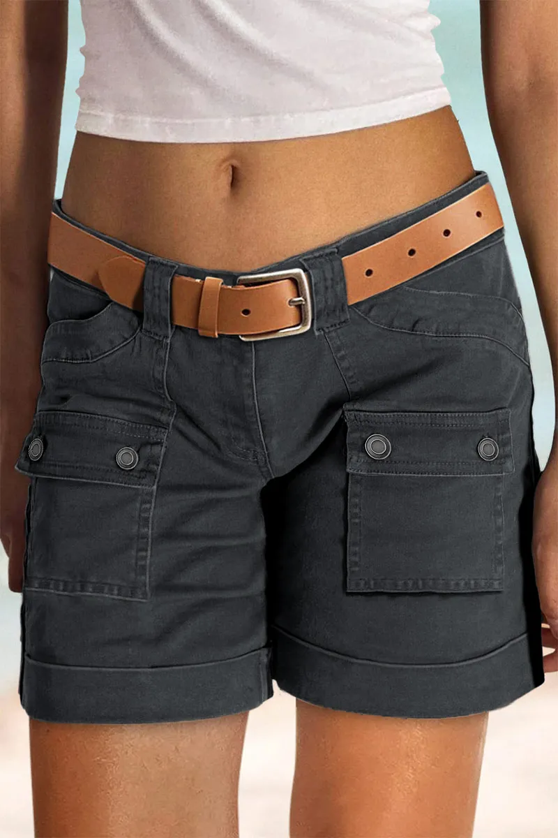 Flap Pocket Roll Tab Hem Low Waist Mid Thigh Shorts Without Belt
