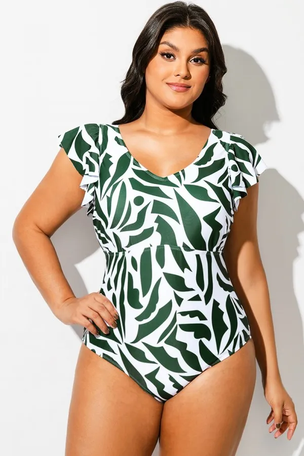 Plus Size Random Printed V-Neck One Piece Swimsuit