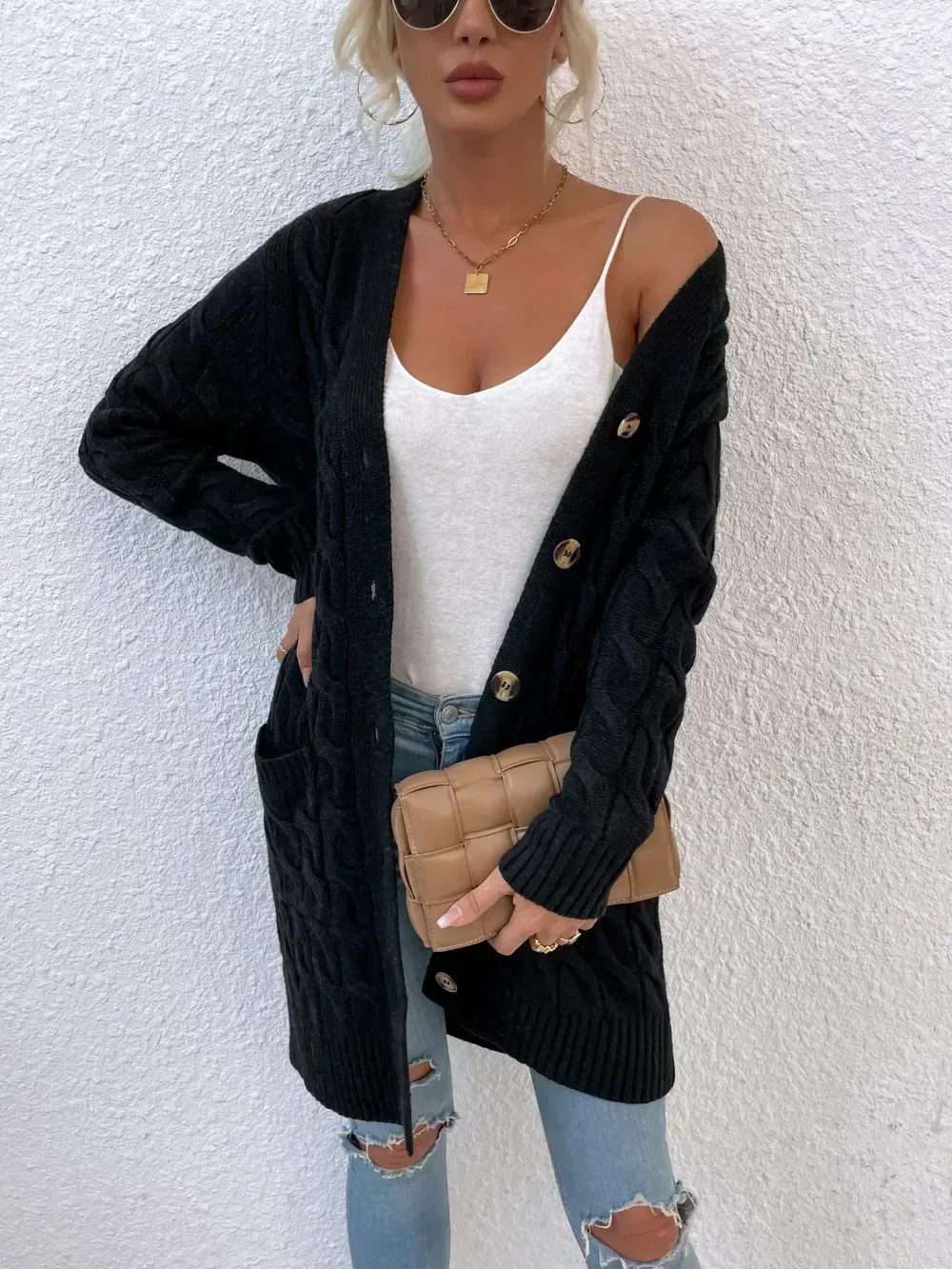 New long coat twist rope solid color cardigan sweater