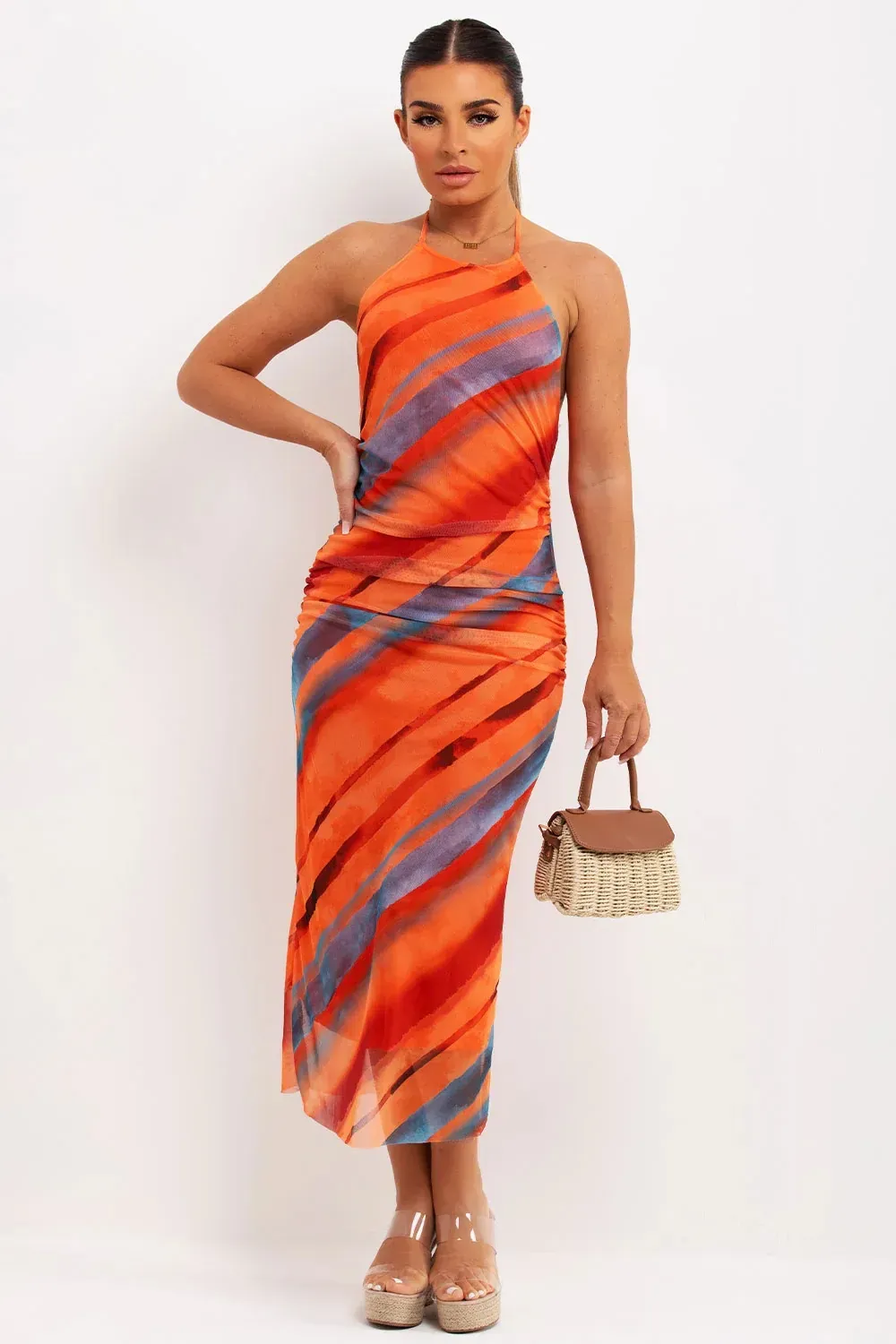 Printed Tulle Midi Dress Orange