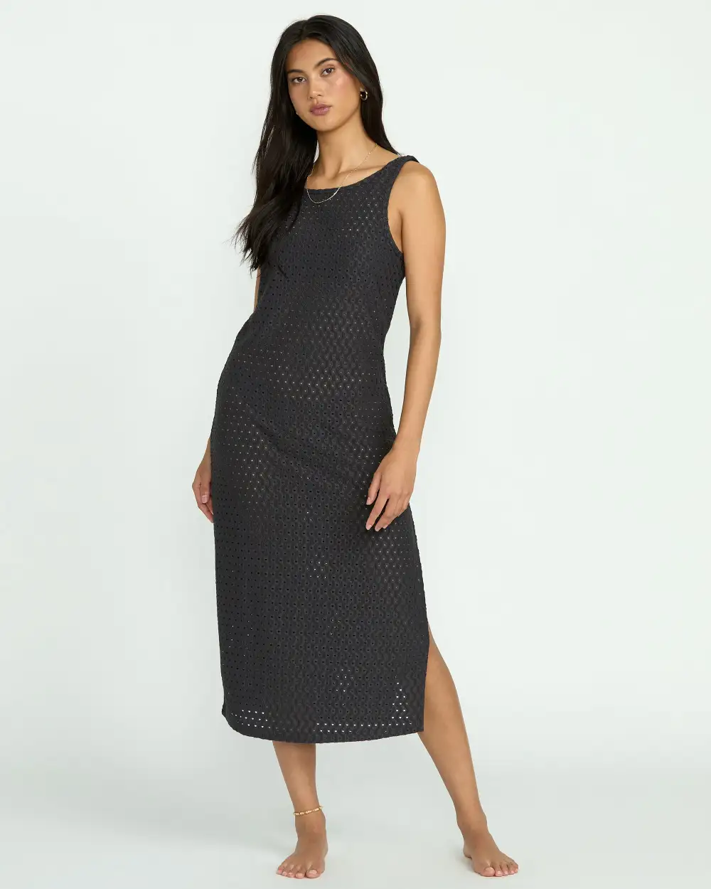 Eyelet Sun Midi Dress Beach Coverup - Off Black