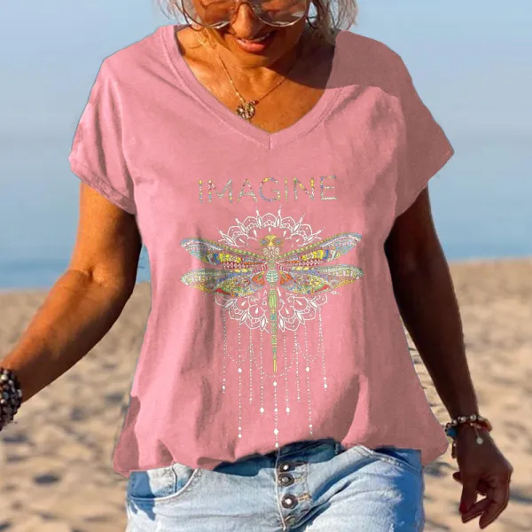 Imagine Dragonfly Printed V-neck T-shirt