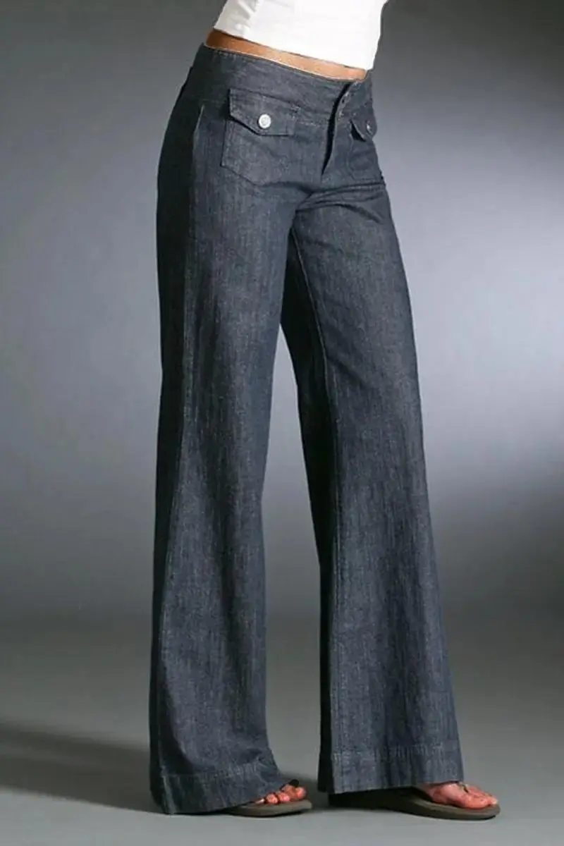 Flap Pocket Front Double Button Low Waist Wide Leg Jeans