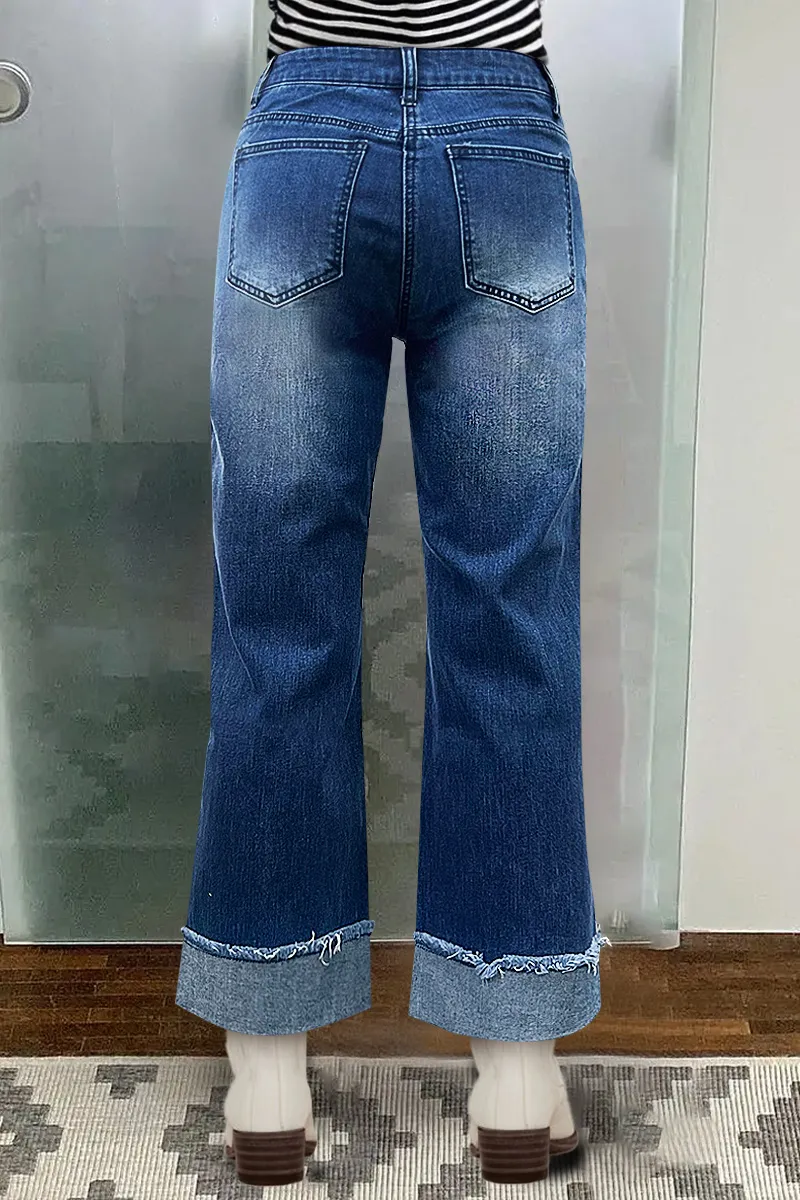 Wash Raw Roll Hem Wrap Mid Waist Straight Leg Jeans