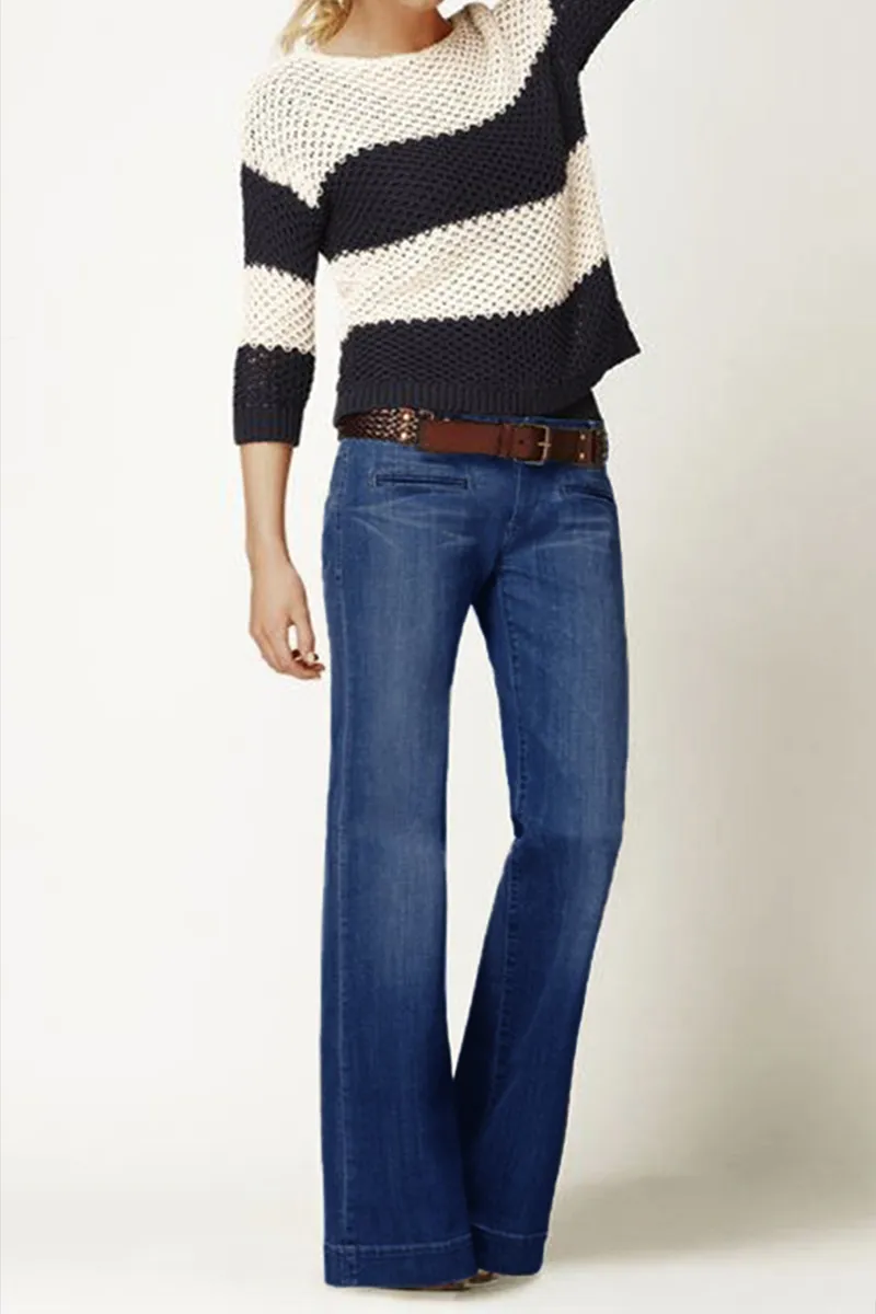 Washed Pocket Detail Low Rise Flare Jeans Without Belt