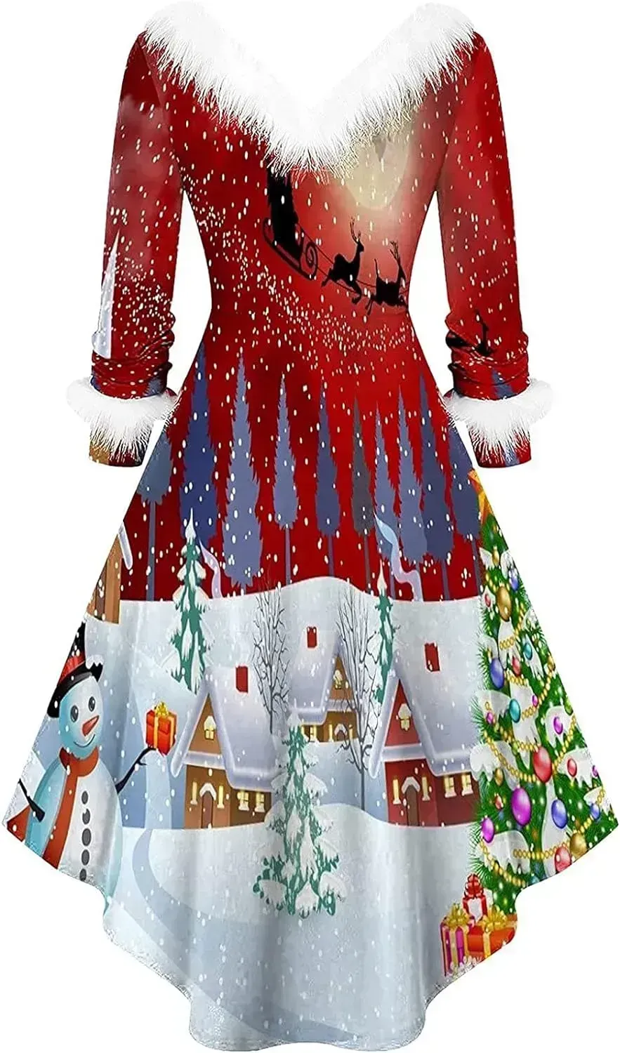 Womens Christmas Dress Fuzzy Mrs Claus Christmas Holiday Xmas Cocktail Holiday Party Flare Dress
