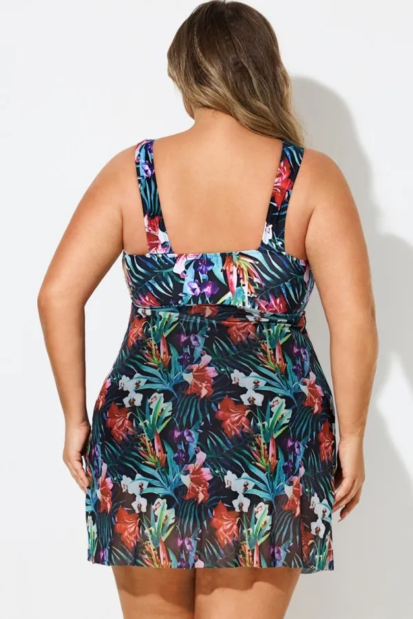 Tropical Floral Print V-Neck Split Hem Swimdress