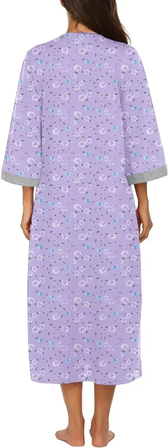 Women Zipper Robe 3/4 Sleeves Loungewear Dress Full Length Sleepwear Pockets Housecoat Nightgown Long Bathrobe