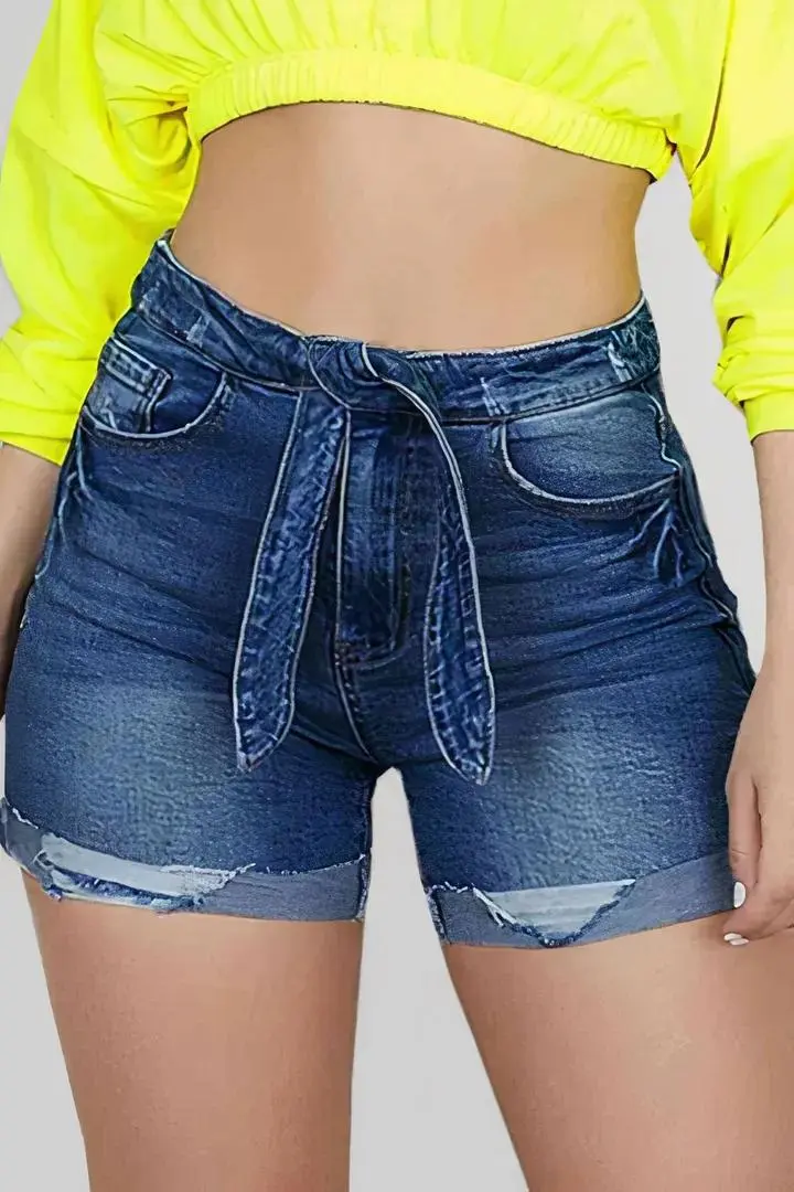 Tie Front High Waist Roll Hem Denim Shorts