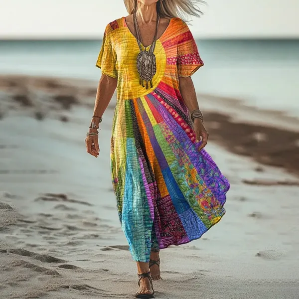 Vintage Colorful Sun Collage Art Pattern Linen Blend V-neck Loose Midi Dress