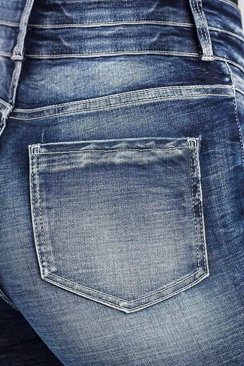 Wash Double Button Ripped High Rise Bermuda Denim Shorts