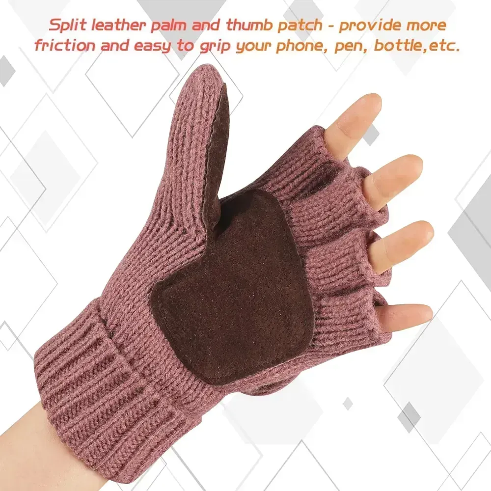 Bodvera Thermal Insulation Fingerless Texting Wool Gloves for Women and Men Winter Warm Knitted Convertible Mittens Flap