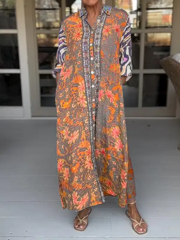 Women Sundress Boho Casual Lapel Loose Printed Dress