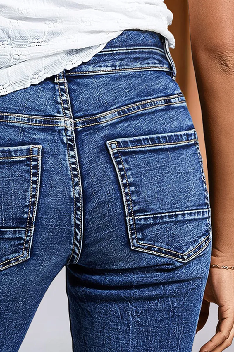 Wash Roll Hem Double Button Mid Rise Denim Bermuda Shorts