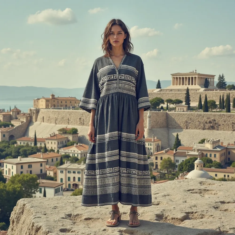 Retro Greek Key Graphics V Neck Linen Blend Dress