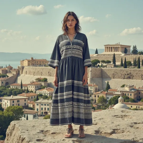 Retro Greek Key Graphics V Neck Linen Blend Dress