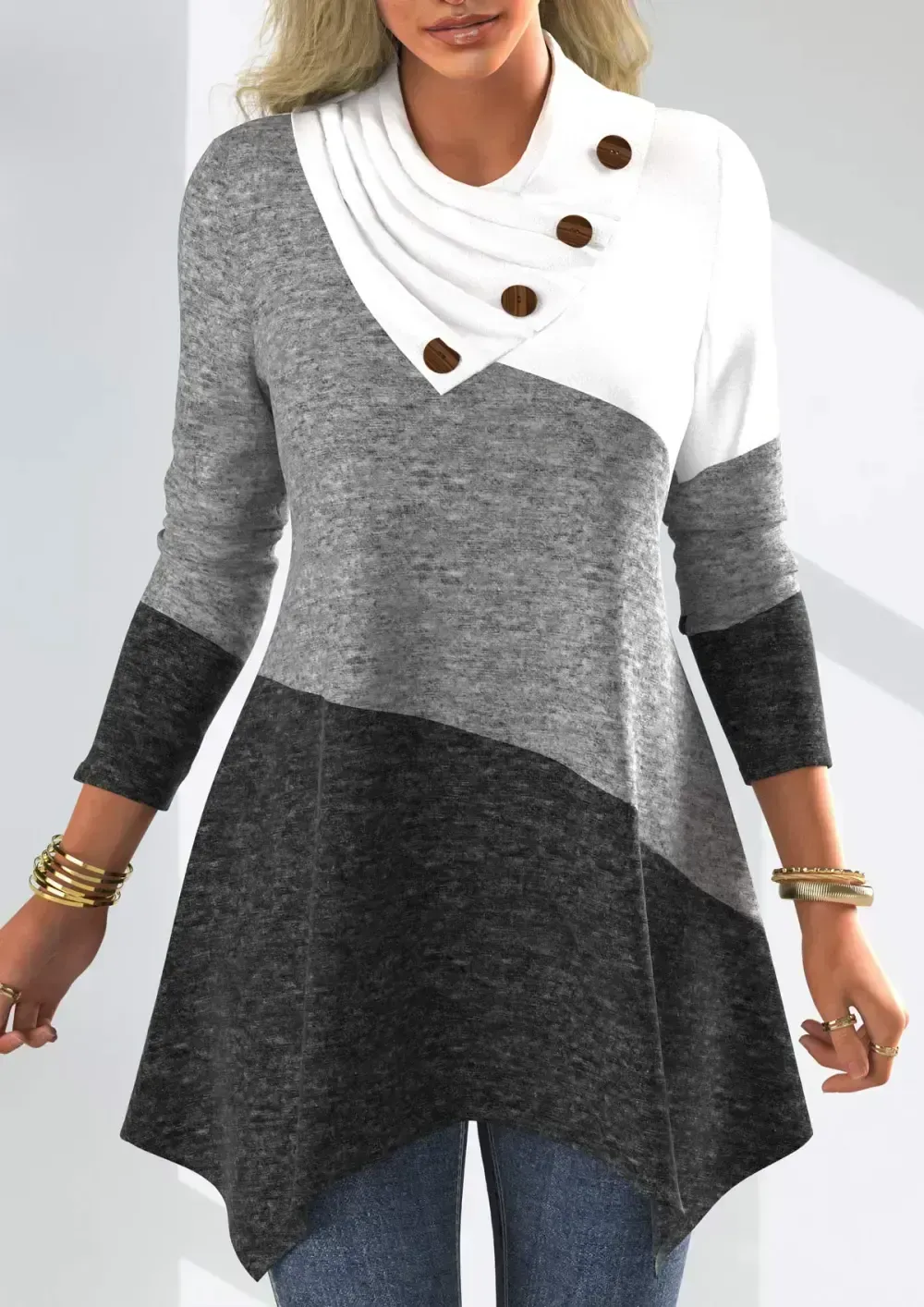 Decorative Button Patchwork Long Sleeve Asymmetrical Neck Sweatshirt