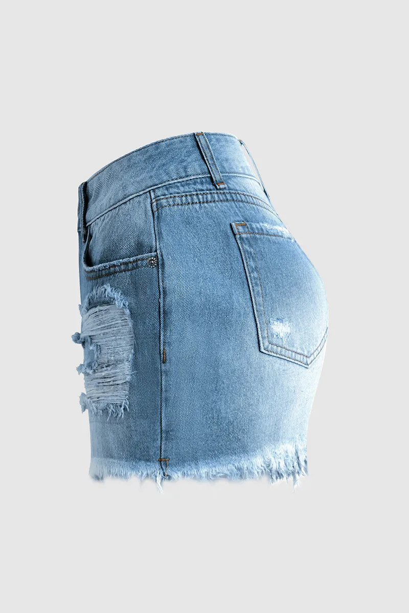 Button Fly Ripped Raw Hem Low Rise Denim Shorts