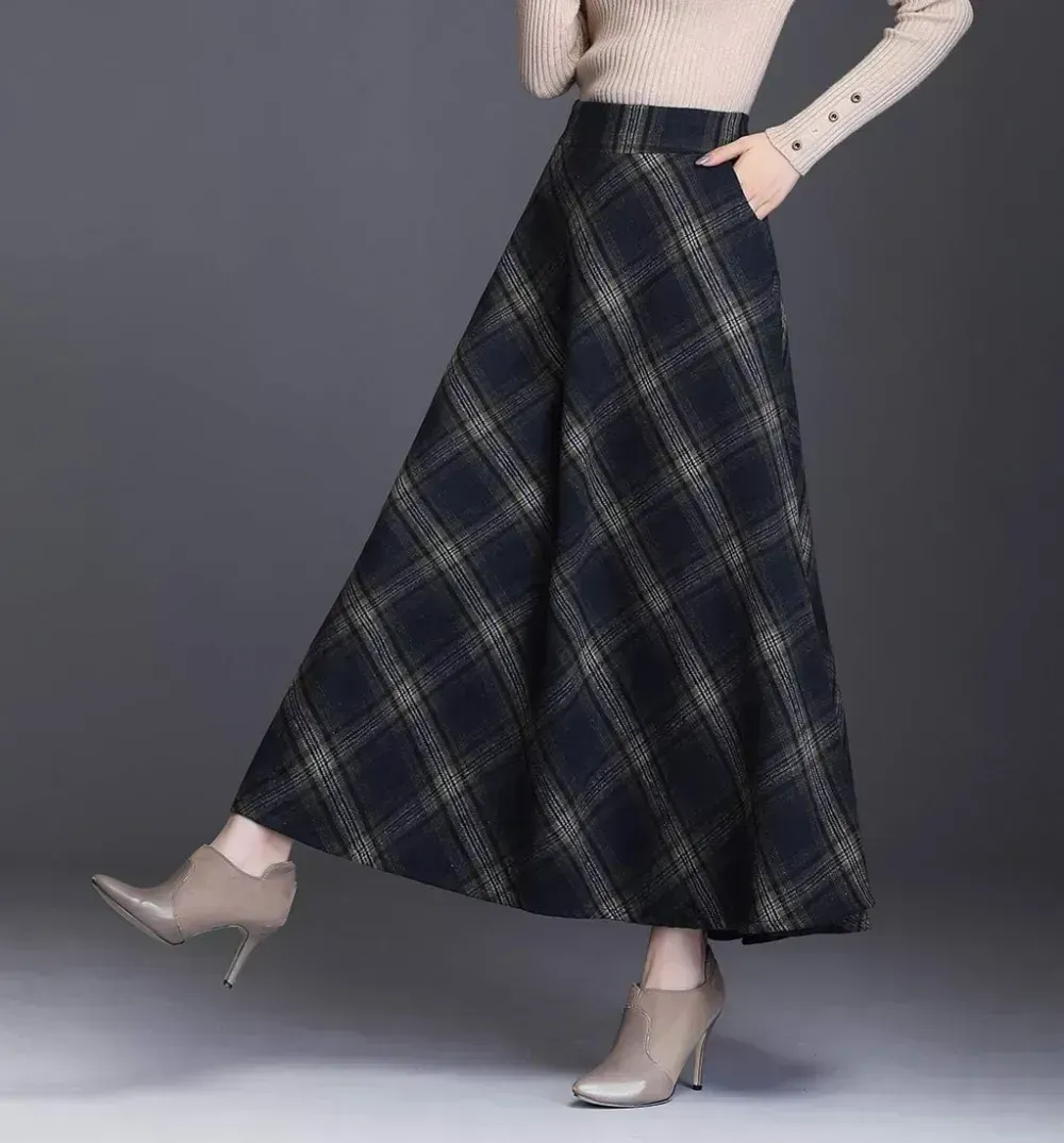 Women's Winter Elegant Warm Long Skirt Wool Maxi Skirts Elastic Waist A-Line High Waist Plaid Pleated Skirt S-3XL
