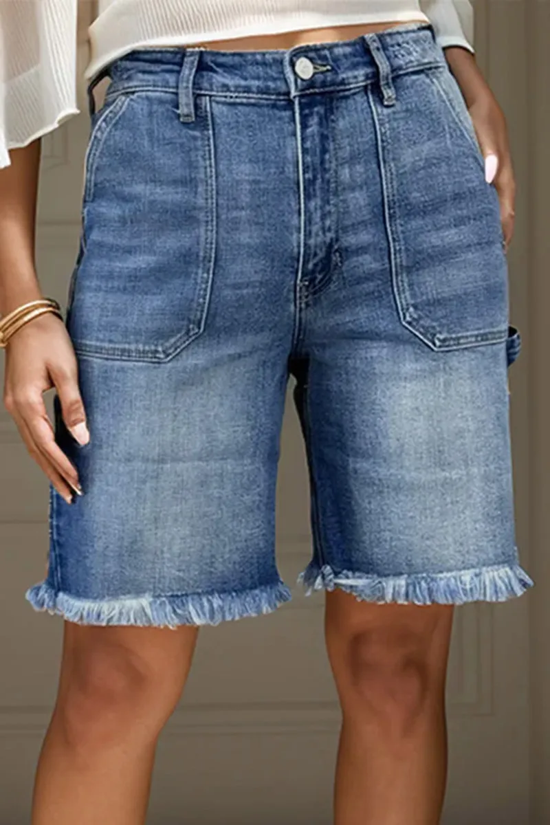Wash Raw Hem High Waist Denim Bermuda Shorts