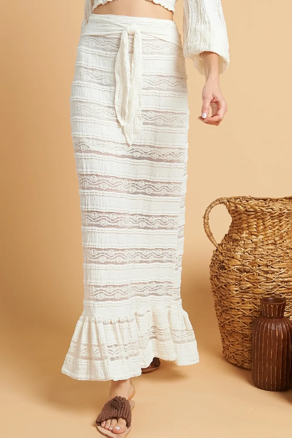 White Crochet Detail High Waisted Maxi Skirt