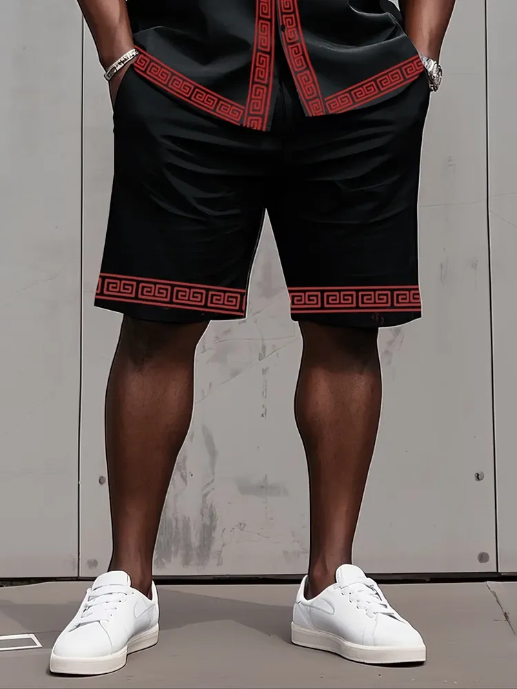 Big Man'S Retro Daily Casual Edge Color Block Printing Short Sleeve Shirt Shorts Suit