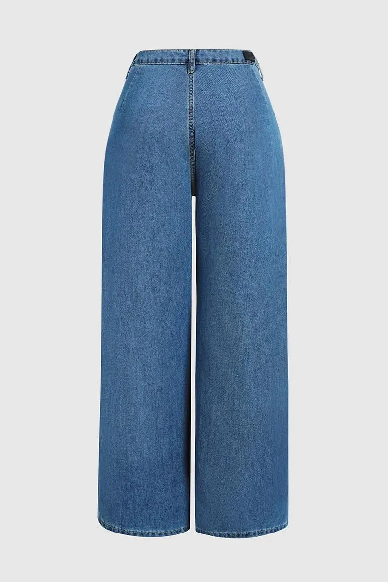 Wash Pleated Detail Wide Leg High Rise Jeans