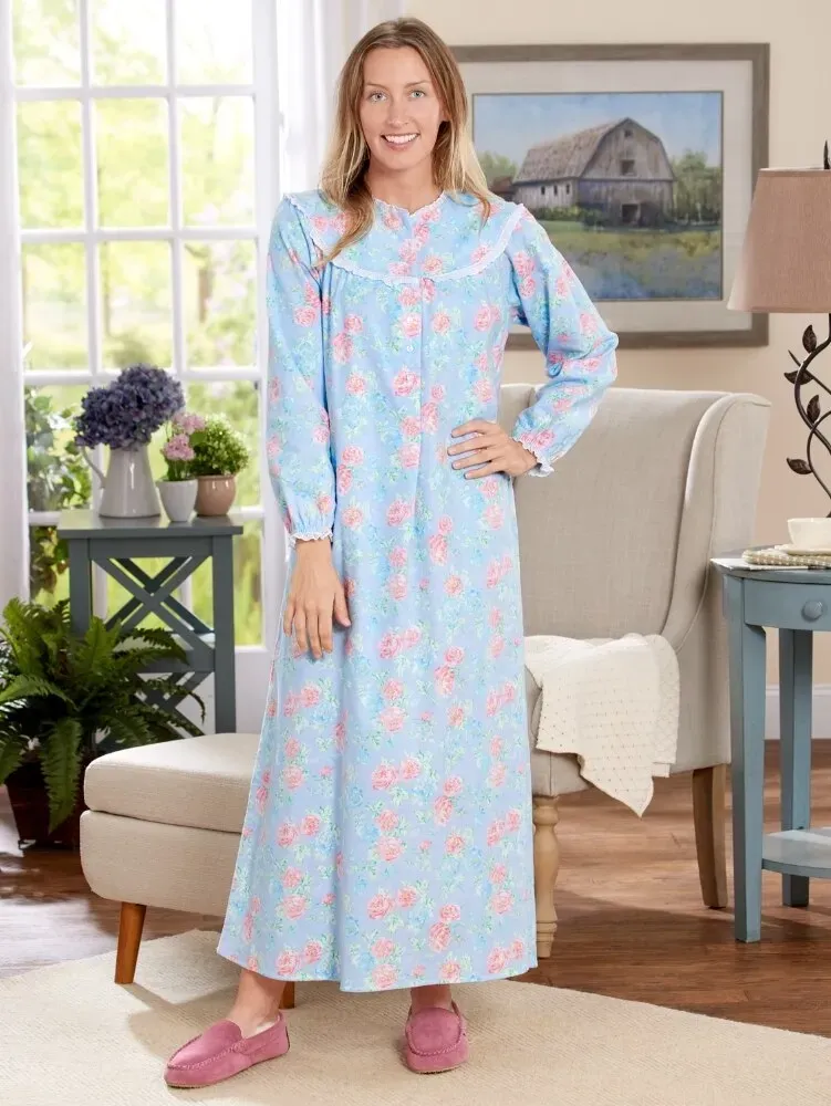 Lanz Nantucket Rose 54 Inch Flannel Nightgown