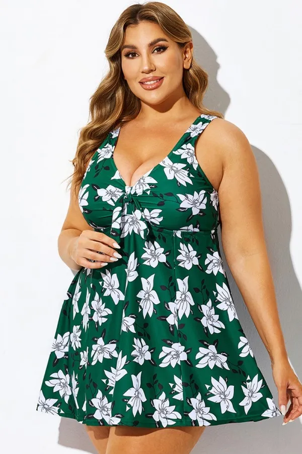 Green Floral Print Tie Front V-Neck Swimdress
