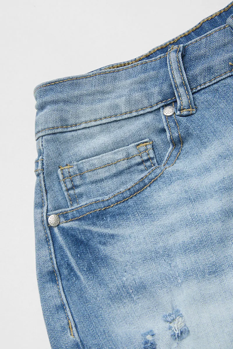 Embroidery Ripped Raw Hem Button Fly Mid Rise Denim Shorts