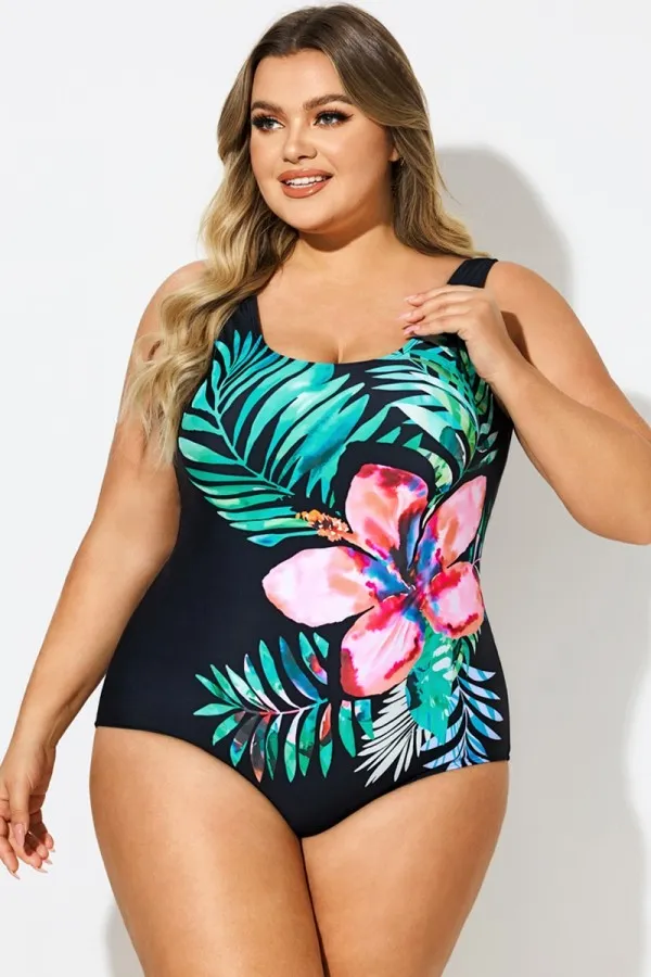 Plus Size Floral Print Sport One Piece Swimsuit