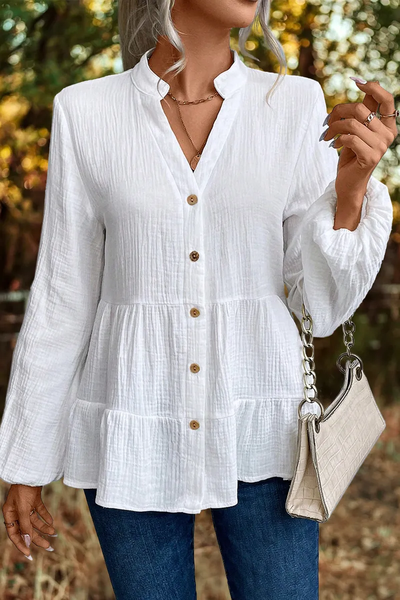 Solid Button Front Textured Ruffle Hem Shirt